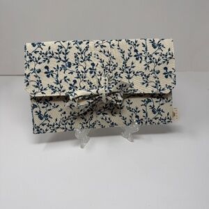 Agua Bendita Cotton Canvas Foldover Clutch Purse Bag Ivory Blue Floral Flower